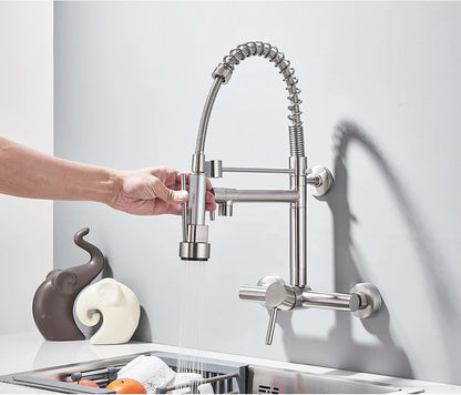 Wall-Mounted Kitchen Faucet with Dual Handles & Spring Swivel Spouts - stirhaus