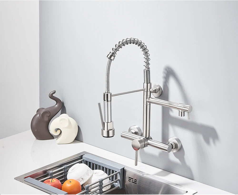 Wall-Mounted Kitchen Faucet with Dual Handles & Spring Swivel Spouts - stirhaus