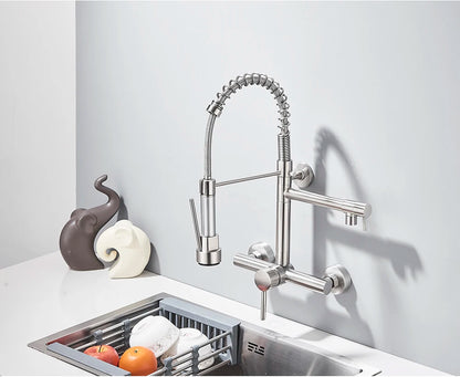 Wall-Mounted Kitchen Faucet with Dual Handles & Spring Swivel Spouts - stirhaus