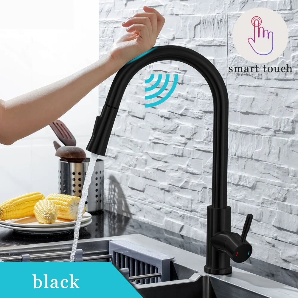 Smart Touch Kitchen Faucet – Brushed Nickel Pull Out Sensor Tap with 360° Rotation & Pull Down Spray - stirhaus
