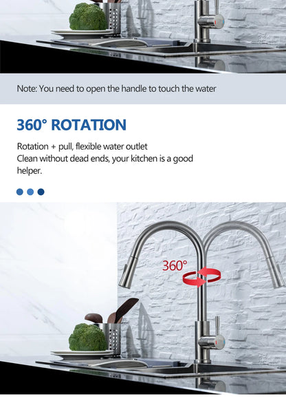 Smart Touch Kitchen Faucet – Brushed Nickel Pull Out Sensor Tap with 360° Rotation & Pull Down Spray - stirhaus