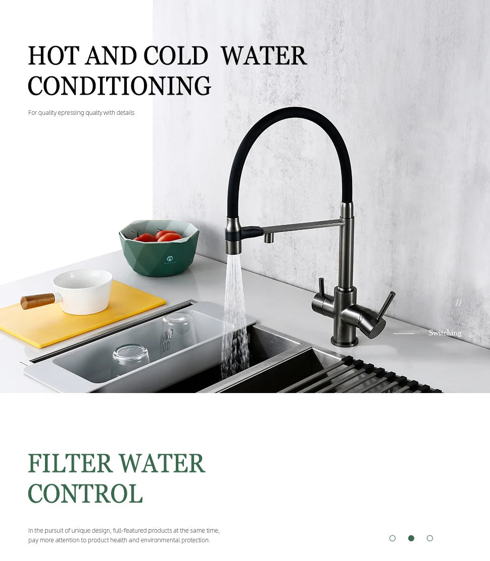 3-Way Kitchen Faucet – Brass Dual Handle Mixer with Pull-Out Dual Spray Nozzle - stirhaus