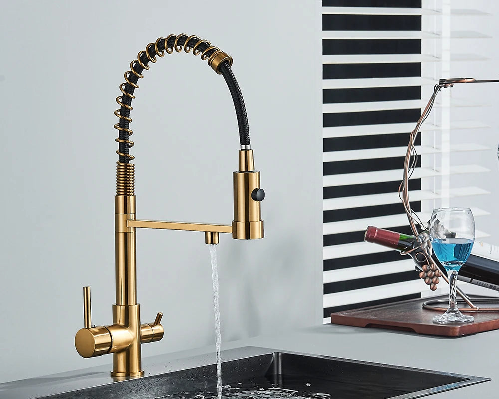 Pull-Down 3-Way Kitchen Faucet – Brass Filter Tap with Hot, Cold & Purified Water - stirhaus
