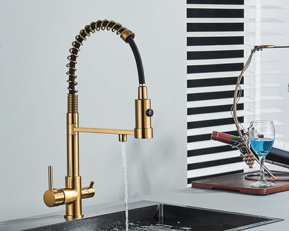 Pull-Down 3-Way Kitchen Faucet – Brass Filter Tap with Hot, Cold & Purified Water - stirhaus