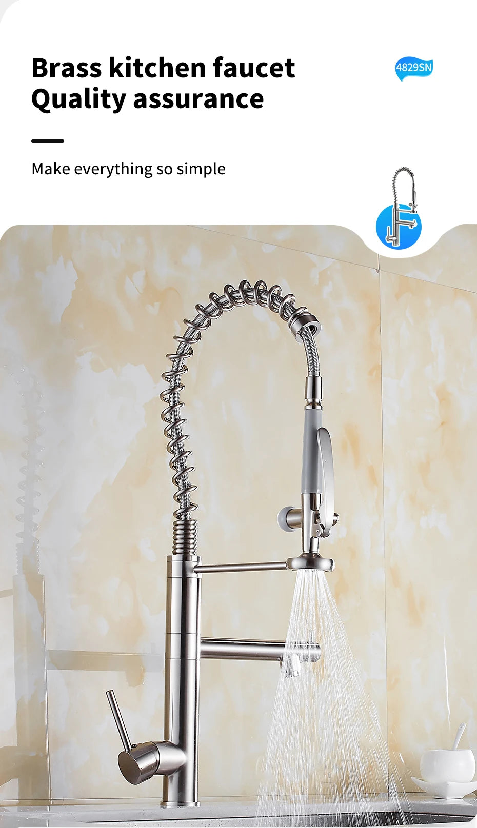 Chrome Brass Kitchen Faucet – Tall Pull-Out Spray, 360° Swivel, Single Handle Mixer (MH-4829) - stirhaus