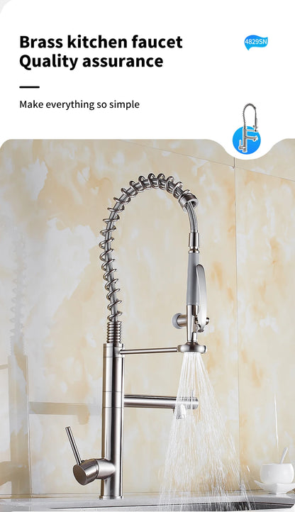 Chrome Brass Kitchen Faucet – Tall Pull-Out Spray, 360° Swivel, Single Handle Mixer (MH-4829) - stirhaus