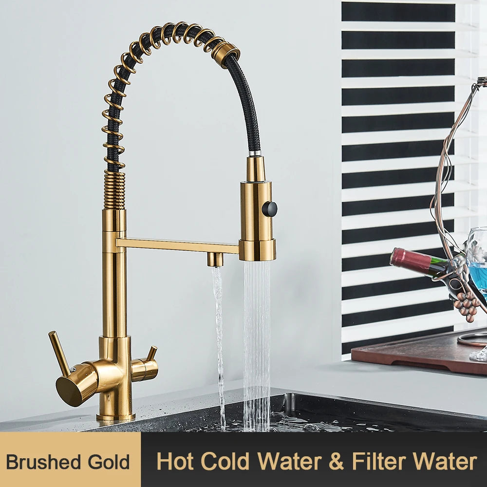 Pull-Down 3-Way Kitchen Faucet – Brass Filter Tap with Hot, Cold & Purified Water - stirhaus