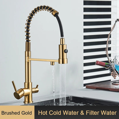 Pull-Down 3-Way Kitchen Faucet – Brass Filter Tap with Hot, Cold & Purified Water - stirhaus