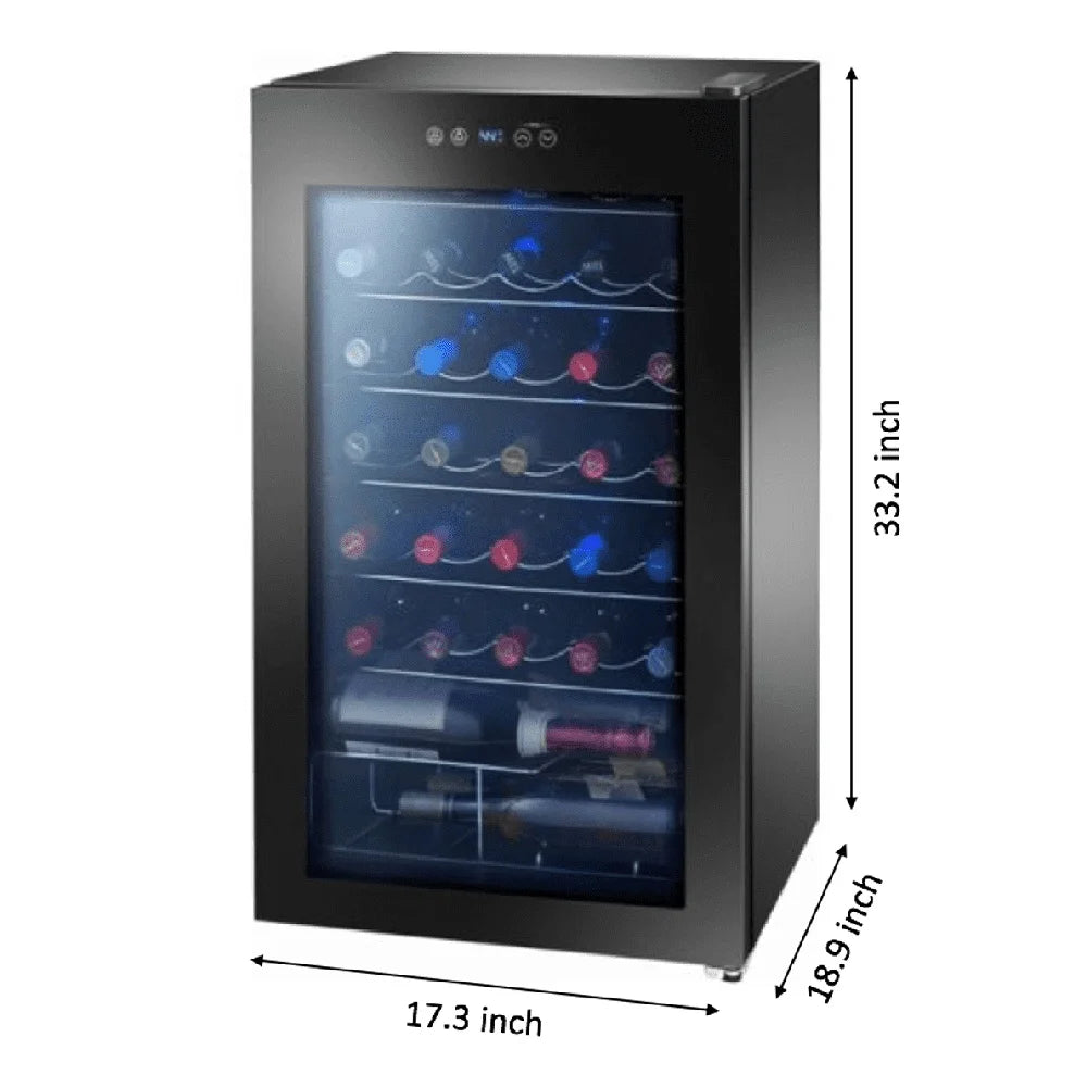 34-Bottle Wine Cooler – Freestanding Single Zone Wine Fridge with Glass Door & LED Lighting - stirhaus