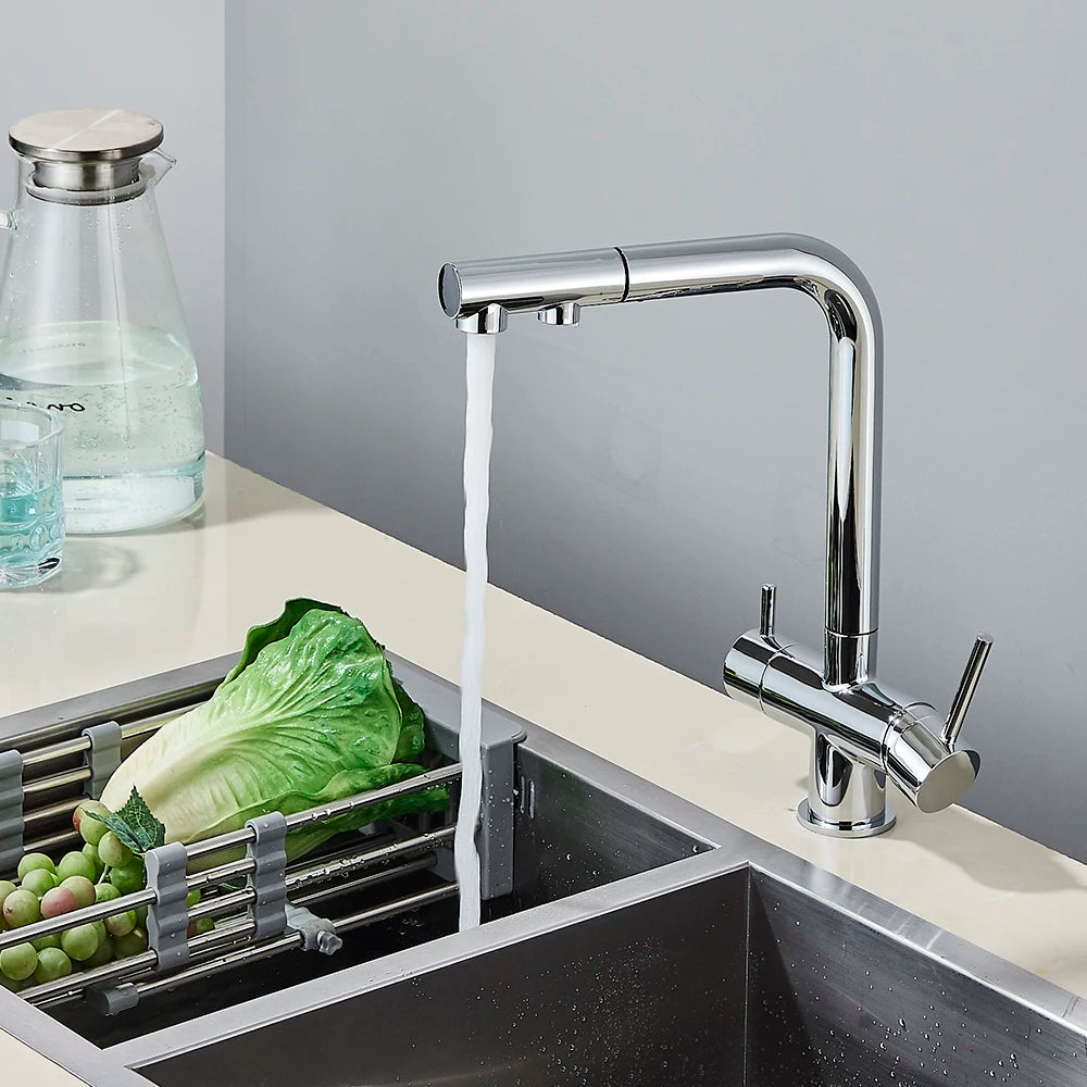 3-Way Kitchen Faucet – Dual Handle Pull-Out Filter Tap for Hot, Cold & Purified Water - stirhaus