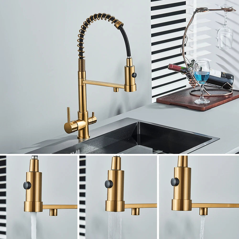 Pull-Down 3-Way Kitchen Faucet – Brass Filter Tap with Hot, Cold & Purified Water - stirhaus