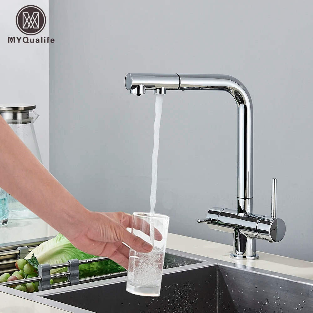 3-Way Kitchen Faucet – Dual Handle Pull-Out Filter Tap for Hot, Cold & Purified Water - stirhaus