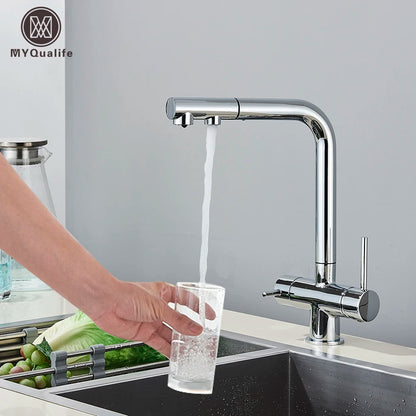 3-Way Kitchen Faucet – Dual Handle Pull-Out Filter Tap for Hot, Cold & Purified Water - stirhaus
