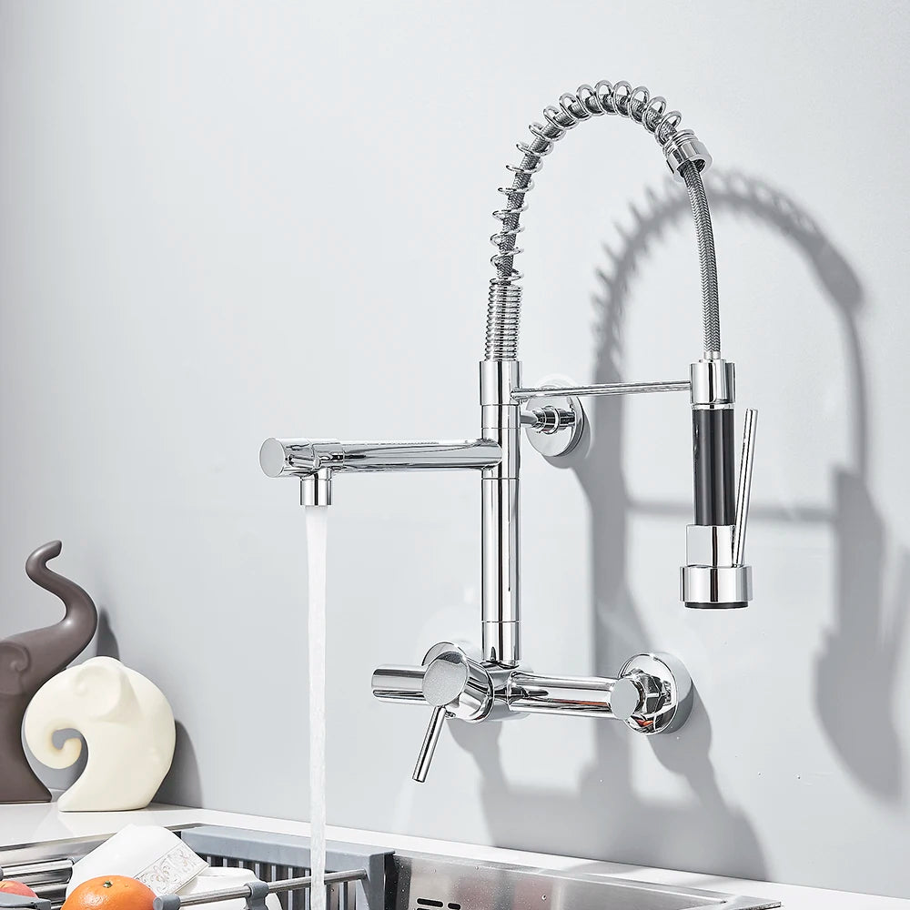 Wall-Mounted Kitchen Faucet with Dual Handles & Spring Swivel Spouts - stirhaus