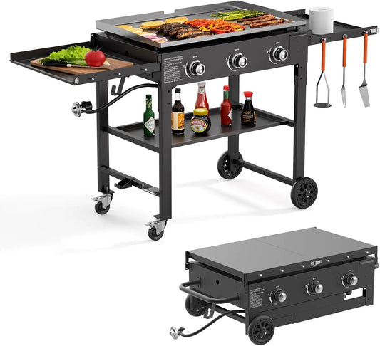 31.5" Outdoor Propane Gas Griddle – 3-Burner 45,000 BTU Portable Flat Top Grill with Foldable Shelves - stirhaus
