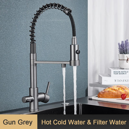 Pull-Down 3-Way Kitchen Faucet – Brass Filter Tap with Hot, Cold & Purified Water - stirhaus
