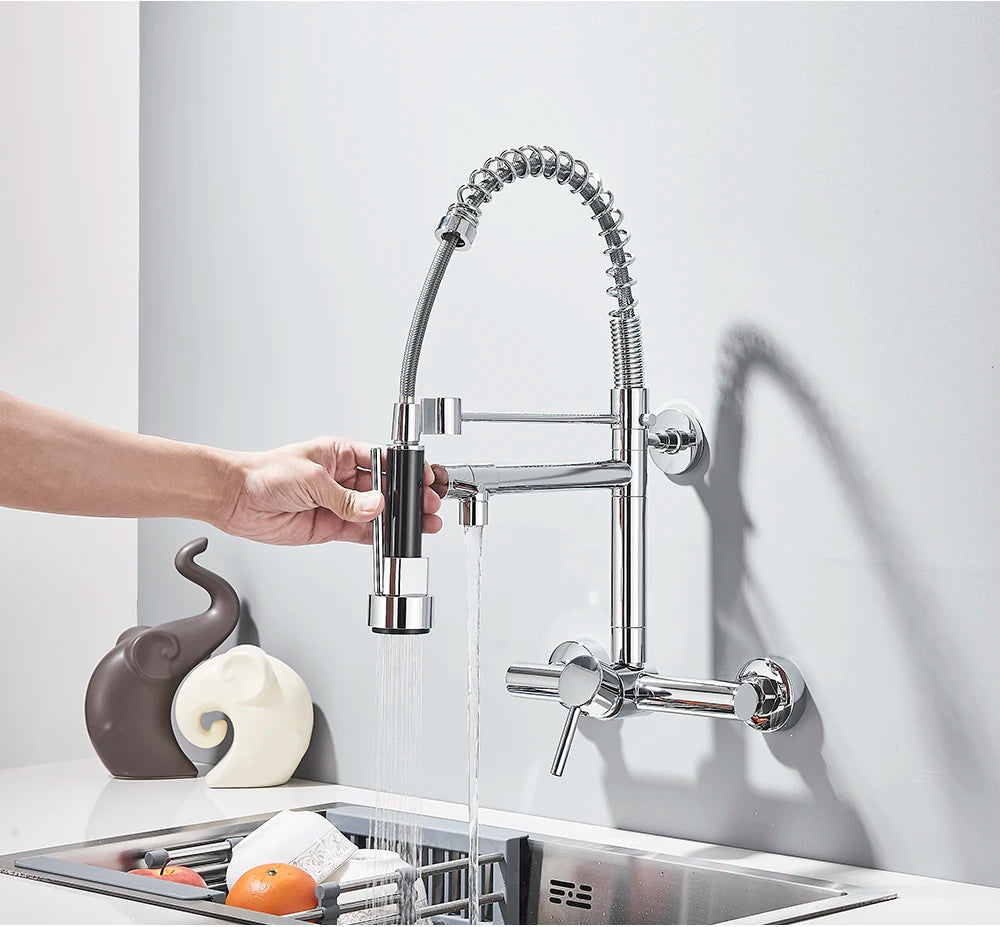 Wall-Mounted Kitchen Faucet with Dual Handles & Spring Swivel Spouts - stirhaus