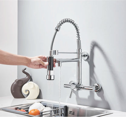 Wall-Mounted Kitchen Faucet with Dual Handles & Spring Swivel Spouts - stirhaus