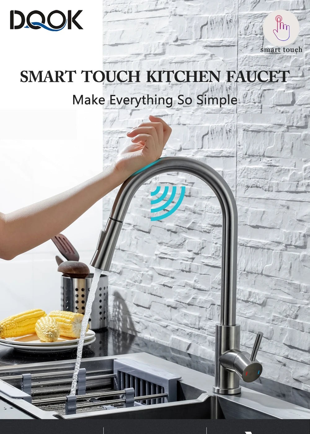 Smart Touch Kitchen Faucet – Brushed Nickel Pull Out Sensor Tap with 360° Rotation & Pull Down Spray - stirhaus