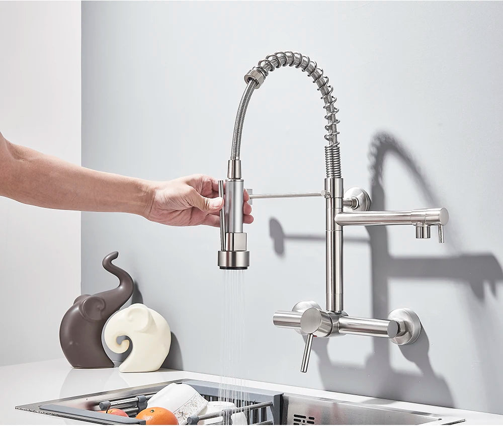 Wall-Mounted Kitchen Faucet with Dual Handles & Spring Swivel Spouts - stirhaus