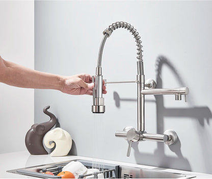 Wall-Mounted Kitchen Faucet with Dual Handles & Spring Swivel Spouts - stirhaus