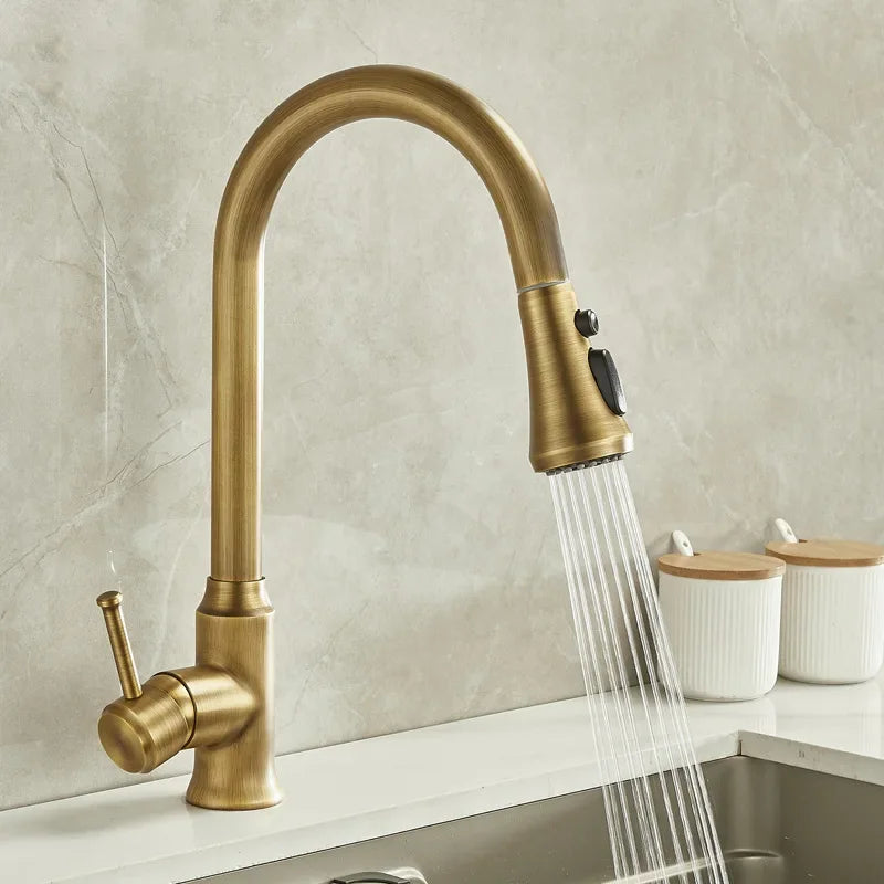 Antique Brass Kitchen Faucet with Pull-Out Spout – Single Handle Hot & Cold Mixer - stirhaus