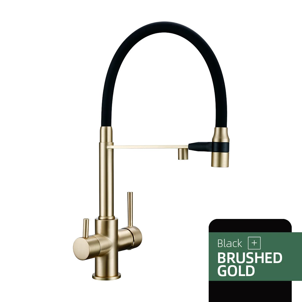 3-Way Kitchen Faucet – Brass Dual Handle Mixer with Pull-Out Dual Spray Nozzle - stirhaus