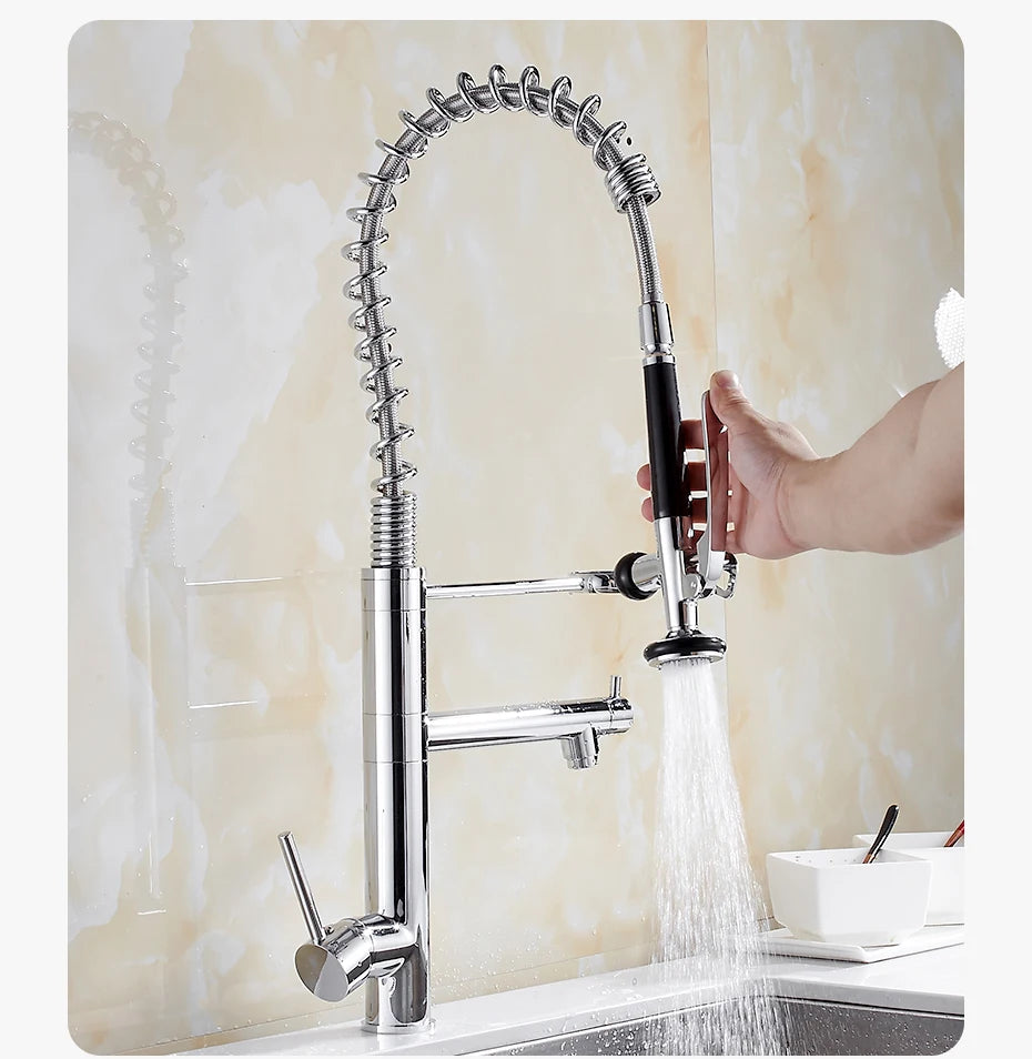 Chrome Brass Kitchen Faucet – Tall Pull-Out Spray, 360° Swivel, Single Handle Mixer (MH-4829) - stirhaus