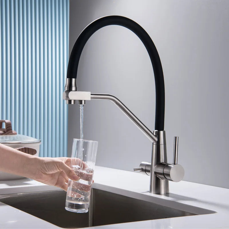 Stainless Steel Kitchen Faucet with Filtered Water, Dual Handle Hot & Cold Mixer - stirhaus