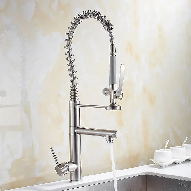 Chrome Brass Kitchen Faucet – Tall Pull-Out Spray, 360° Swivel, Single Handle Mixer (MH-4829) - stirhaus