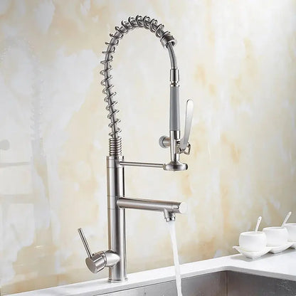 Chrome Brass Kitchen Faucet – Tall Pull-Out Spray, 360° Swivel, Single Handle Mixer (MH-4829) - stirhaus