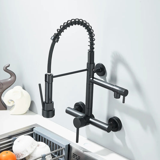 Wall-Mounted Kitchen Faucet with Dual Handles & Spring Swivel Spouts - stirhaus