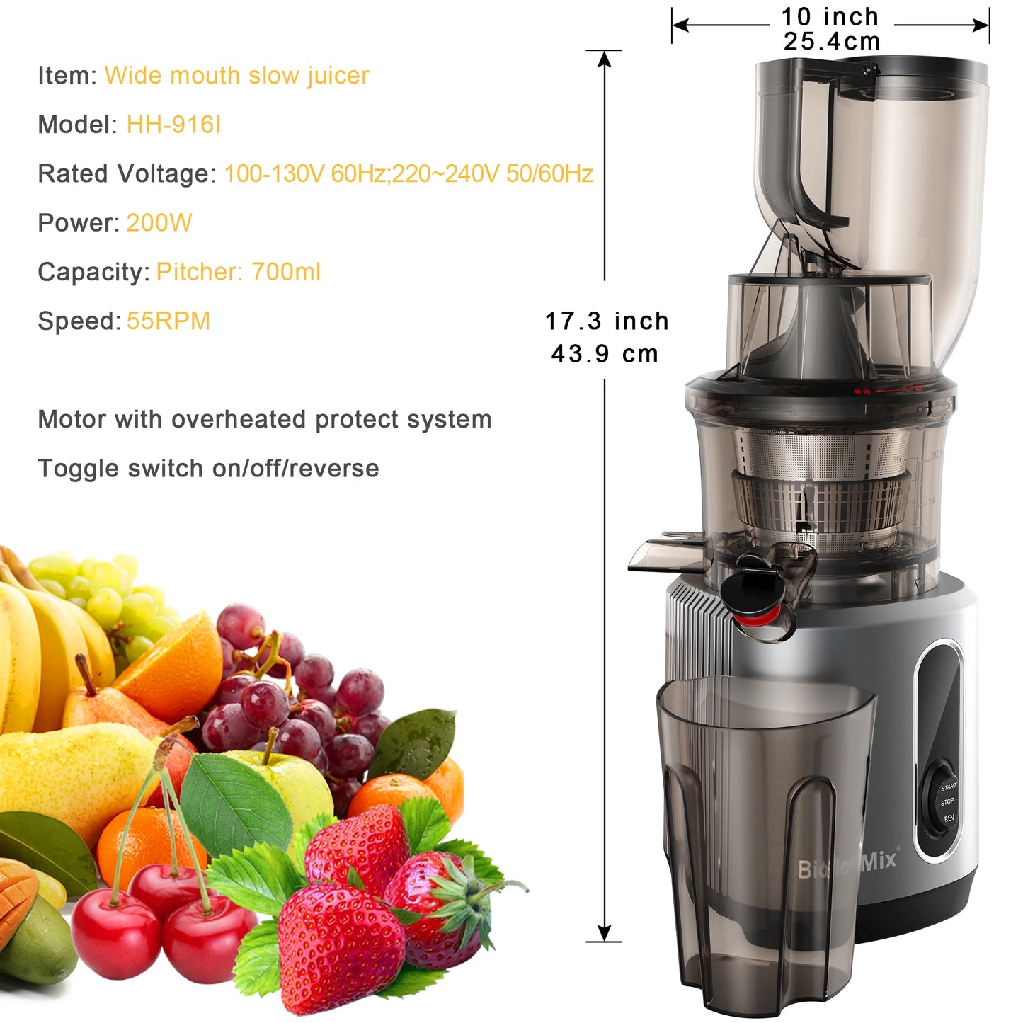 Cold Press Juicer with Wide Feed Chute – 200W Slow Masticating Juice Extractor - stirhaus