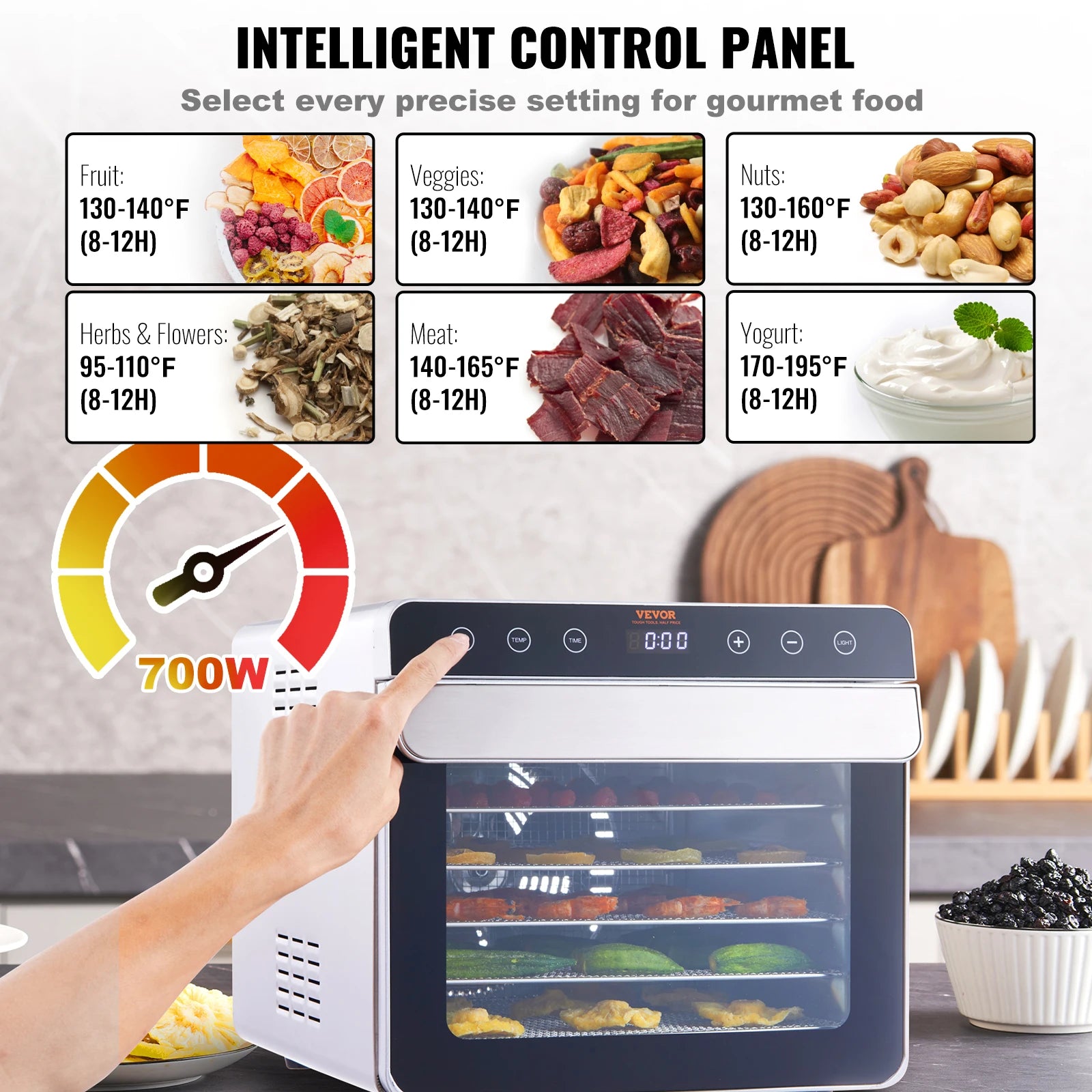 6-Tray Stainless Steel Food Dehydrator – 700W Electric Dryer with Timer & Temperature Control - stirhaus