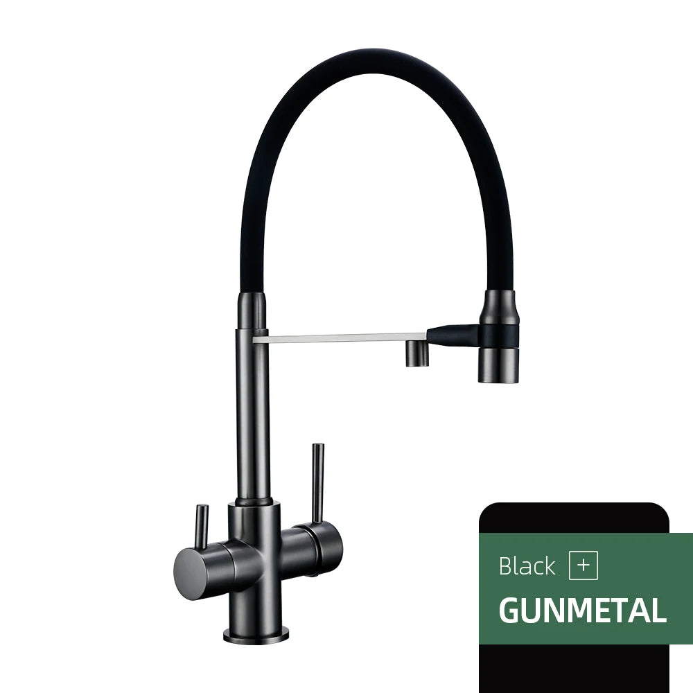 3-Way Kitchen Faucet – Brass Dual Handle Mixer with Pull-Out Dual Spray Nozzle - stirhaus