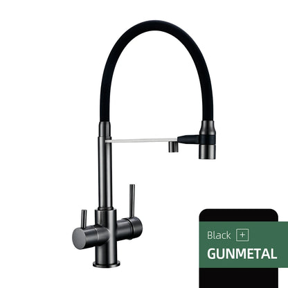3-Way Kitchen Faucet – Brass Dual Handle Mixer with Pull-Out Dual Spray Nozzle - stirhaus