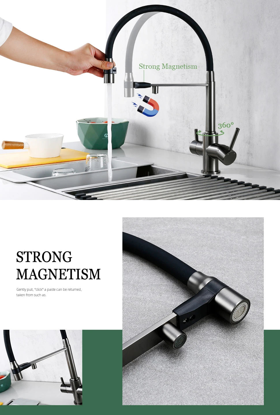 3-Way Kitchen Faucet – Brass Dual Handle Mixer with Pull-Out Dual Spray Nozzle - stirhaus