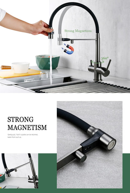 3-Way Kitchen Faucet – Brass Dual Handle Mixer with Pull-Out Dual Spray Nozzle - stirhaus