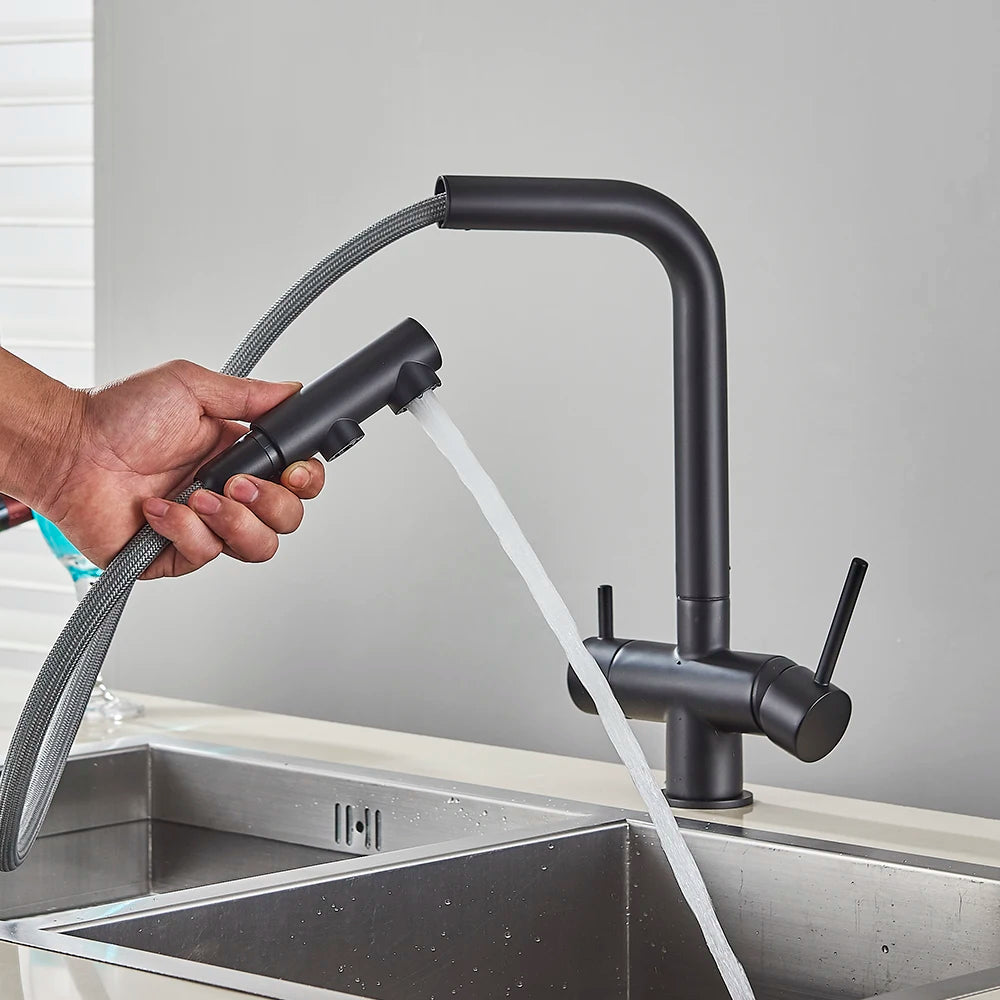 3-Way Kitchen Faucet – Dual Handle Pull-Out Filter Tap for Hot, Cold & Purified Water - stirhaus