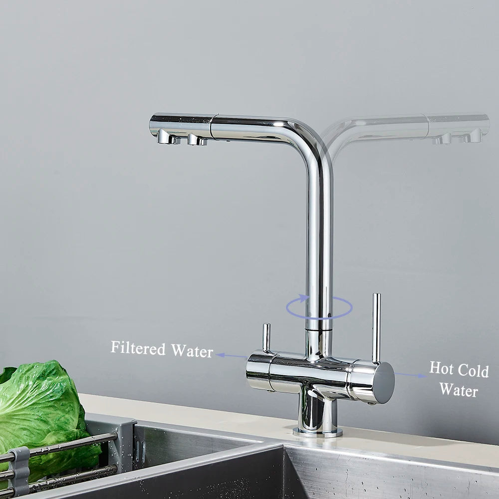 3-Way Kitchen Faucet – Dual Handle Pull-Out Filter Tap for Hot, Cold & Purified Water - stirhaus