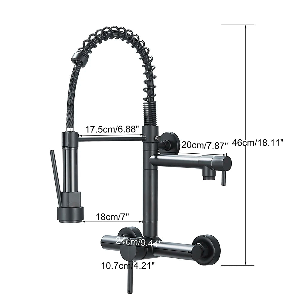 Wall-Mounted Kitchen Faucet with Dual Handles & Spring Swivel Spouts - stirhaus
