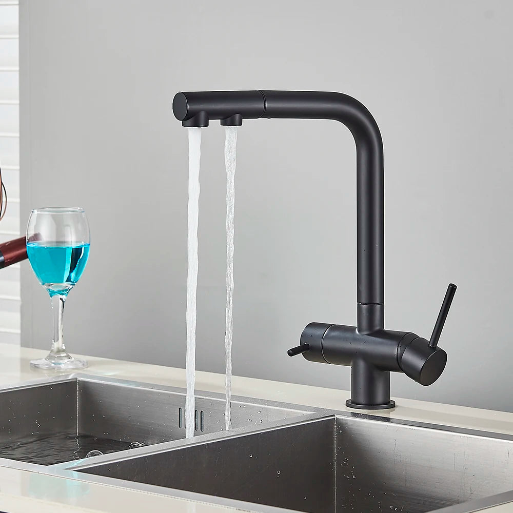 3-Way Kitchen Faucet – Dual Handle Pull-Out Filter Tap for Hot, Cold & Purified Water - stirhaus