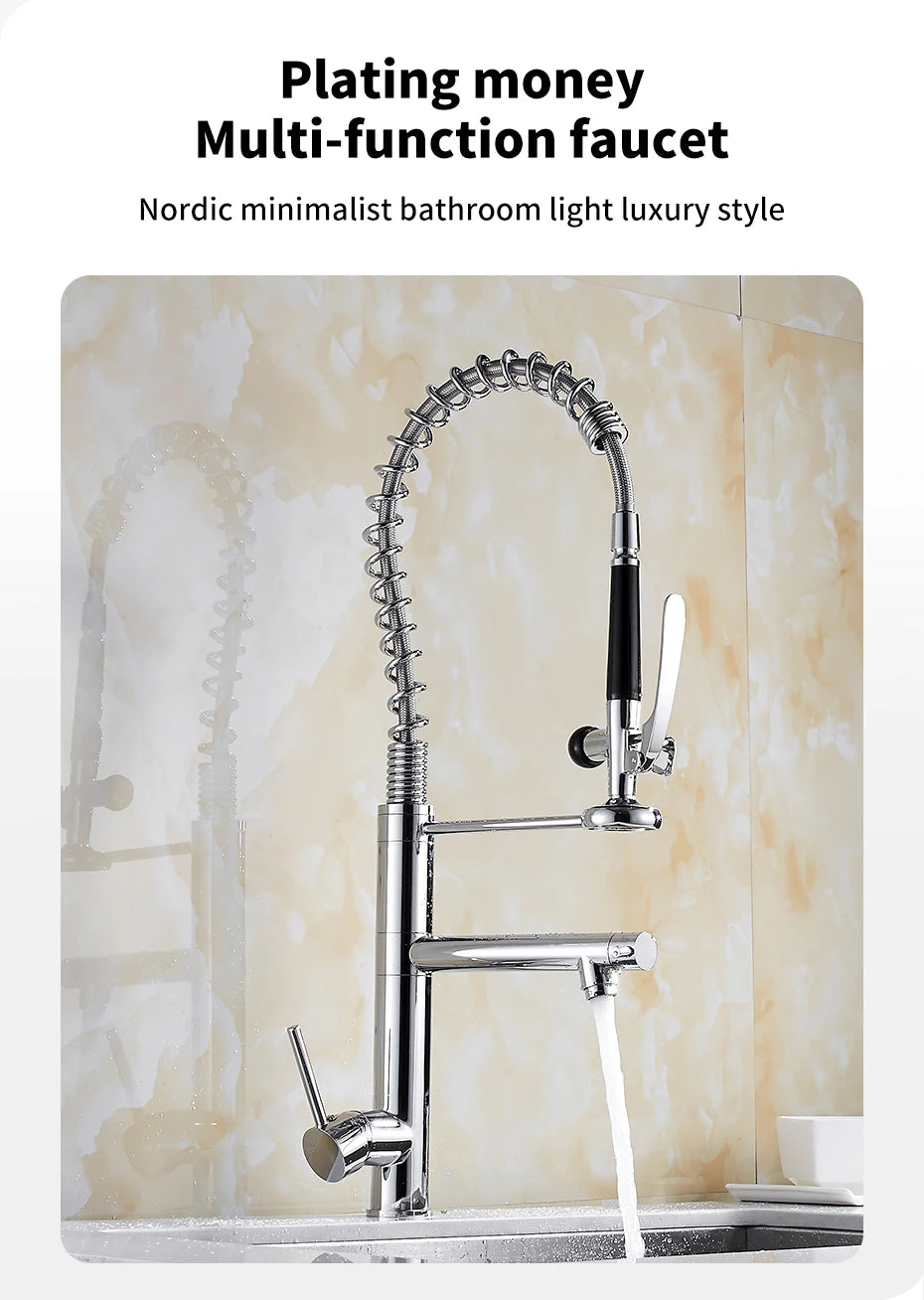 Chrome Brass Kitchen Faucet – Tall Pull-Out Spray, 360° Swivel, Single Handle Mixer (MH-4829) - stirhaus