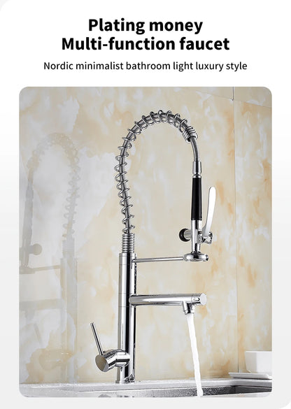 Chrome Brass Kitchen Faucet – Tall Pull-Out Spray, 360° Swivel, Single Handle Mixer (MH-4829) - stirhaus