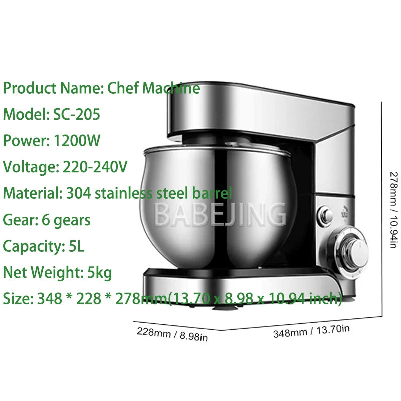 5L Stand Mixer with Dough Hook, Whisk & Beater – 1200W Automatic Kneading Machine - stirhaus