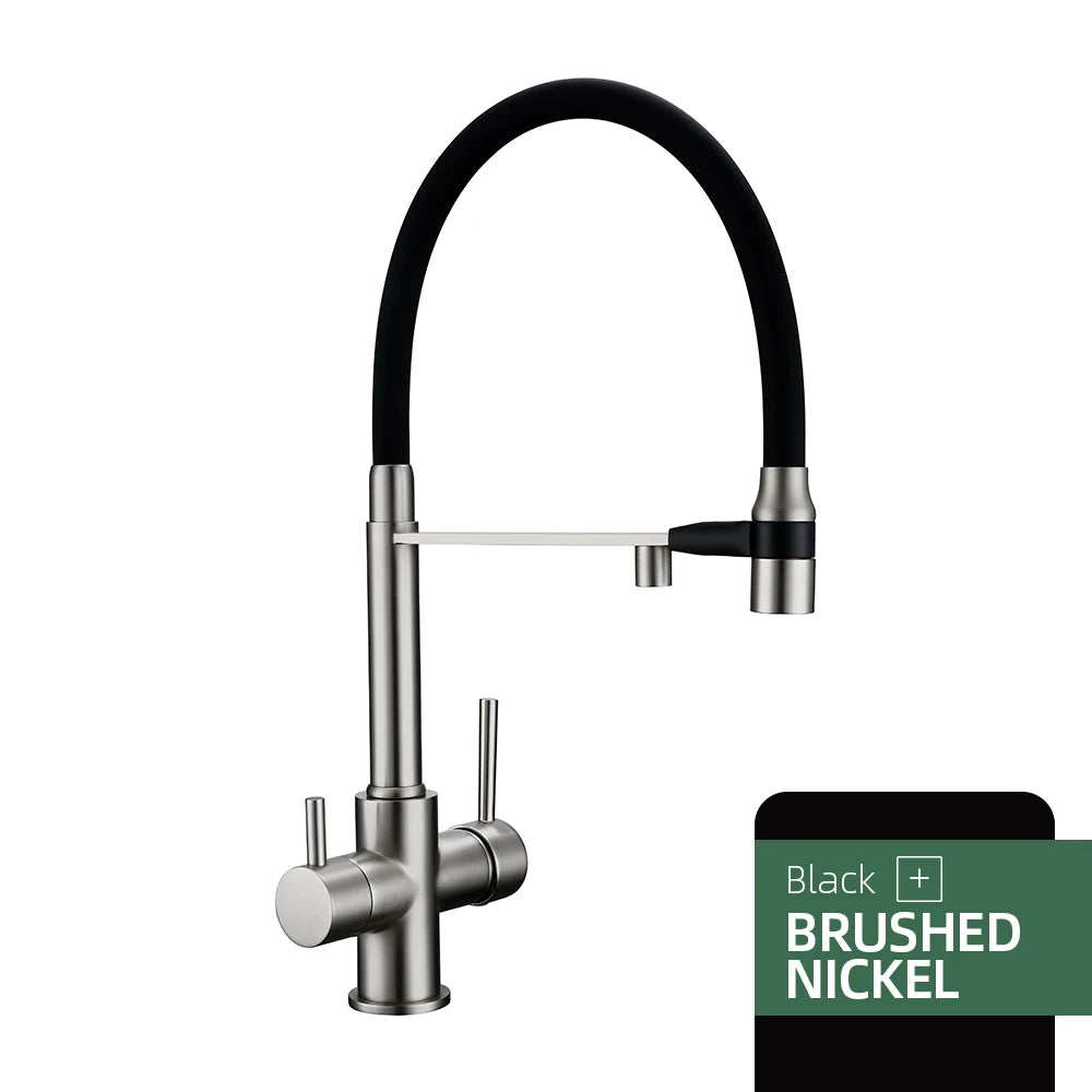 3-Way Kitchen Faucet – Brass Dual Handle Mixer with Pull-Out Dual Spray Nozzle - stirhaus