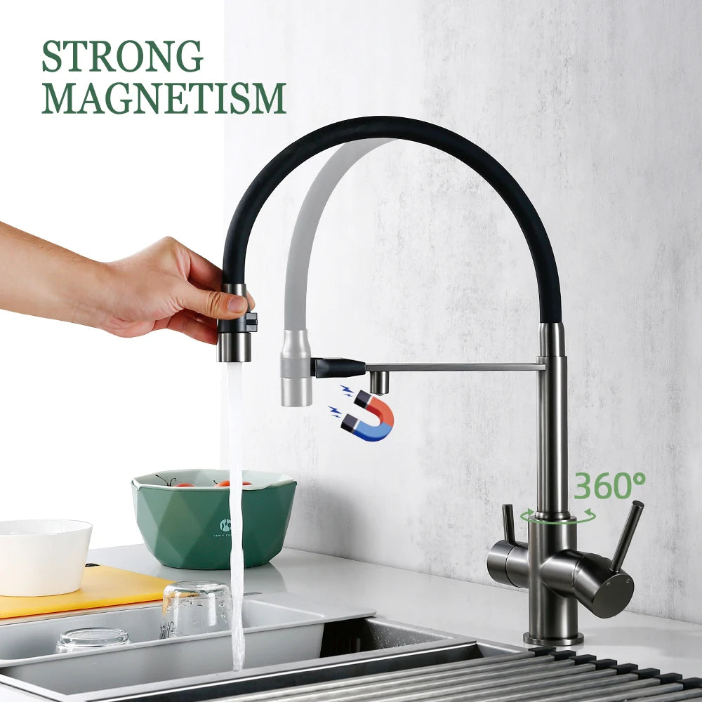 3-Way Kitchen Faucet – Brass Dual Handle Mixer with Pull-Out Dual Spray Nozzle - stirhaus