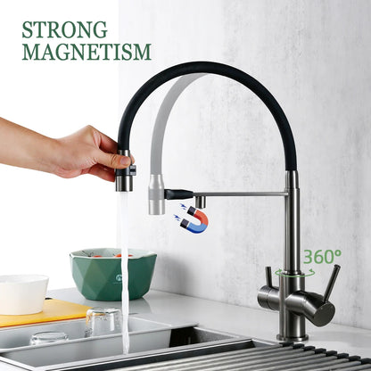 3-Way Kitchen Faucet – Brass Dual Handle Mixer with Pull-Out Dual Spray Nozzle - stirhaus