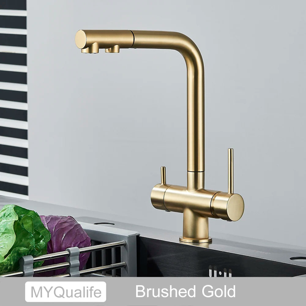 3-Way Kitchen Faucet – Dual Handle Pull-Out Filter Tap for Hot, Cold & Purified Water - stirhaus