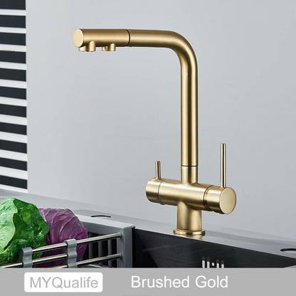 3-Way Kitchen Faucet – Dual Handle Pull-Out Filter Tap for Hot, Cold & Purified Water - stirhaus